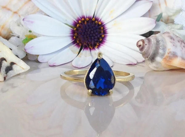 Garnet Gemstone Rings with a Vintage - Style Bezel SettingBlue Sapphire Ring - September Birthstone - Lace Setting Ring with Pear-Shaped Blue Sapphire