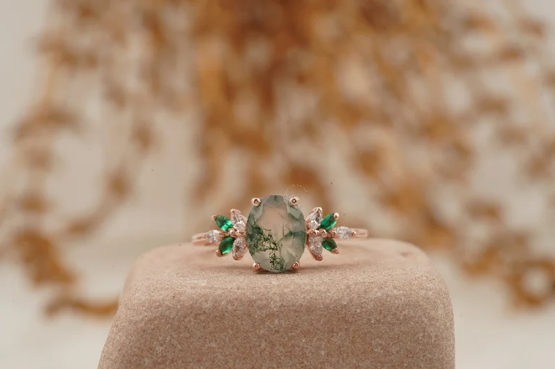 Garnet Gemstone Rings with a Vintage - Style Bezel SettingOval Moss Agate Marquise Emerald And CZ Engagement Ring