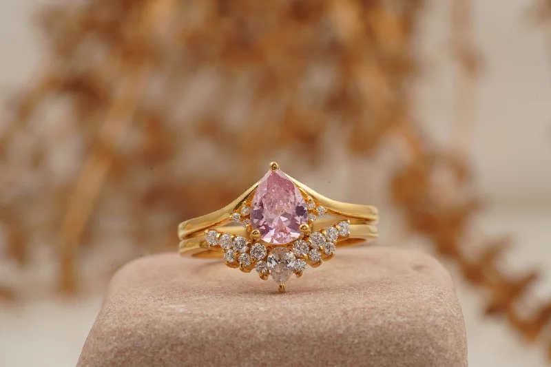 Tanzanite Gemstone Rings with Platinum Milgrain DetailingPink Sapphire Engagement Ring Set With Diamond Wedding Band