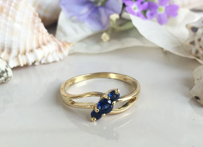 Ruby Gemstone Rings with Intricate Gold Filigree SettingsBlue Sapphire Ring - September Birthstone - Delicate Ring with Diagonally Placed Three Round Blue Sapphire Gemstones