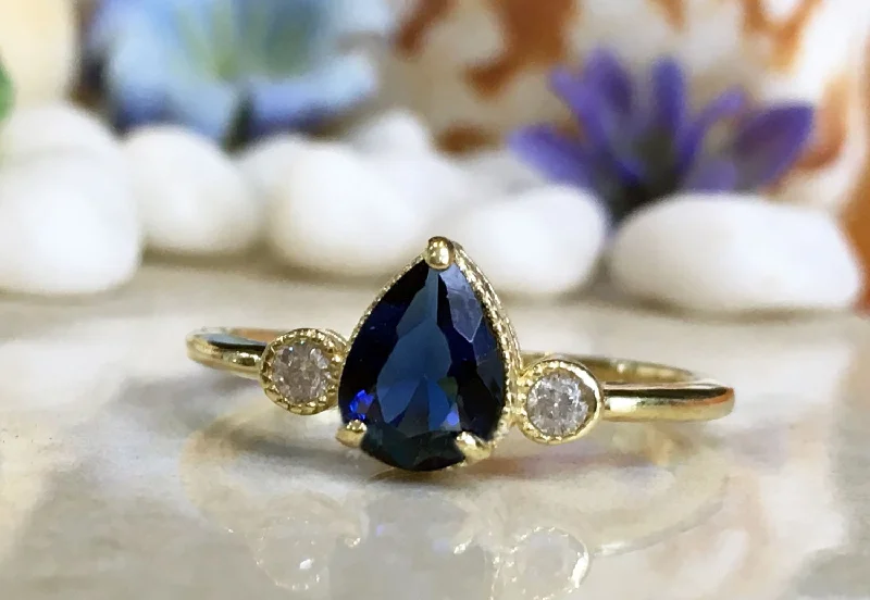 Lapis Lazuli Gemstone Rings with Gold - Leaf InclusionsBlue Sapphire Ring - September Birthstone - Delicate Ring with Pear Shape Blue Sapphire Gemstone and Clear Quartz Accents