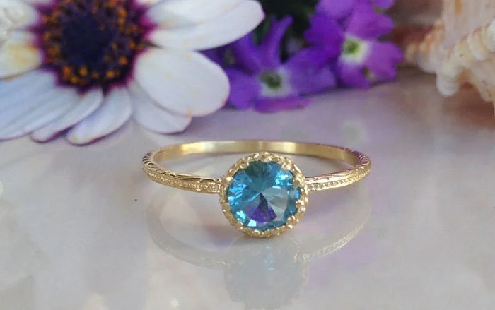 Garnet Gemstone Rings with a Vintage - Style Bezel SettingBlue Topaz Ring - December Birthstone - Delicate Hammered Ring with Round Blue Topaz Gemstone