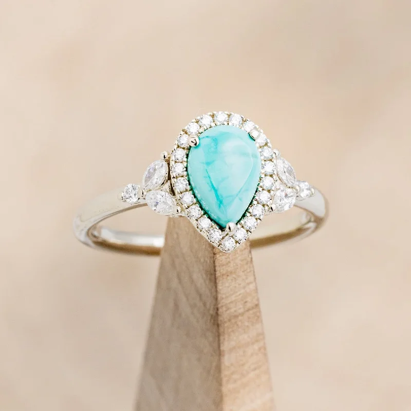 "DREAM" - PEAR CUT TURQUOISE ENGAGEMENT RING WITH DIAMOND HALO & ACCENTS