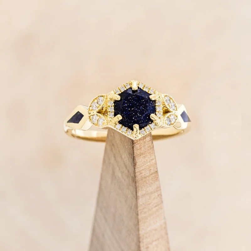 "LUCY IN THE SKY" PETITE - ROUND CUT BLUE GOLDSTONE ENGAGEMENT RING WITH DIAMOND ACCENTS & GOLDSTONE INLAYS