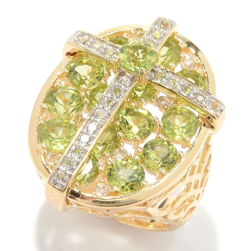 Peridot Gemstone Rings with a Floral - Motif Band18K Yellow Gold Over Silver 4.9Ctw Peridot & White Topaz Cross Cluster Ring