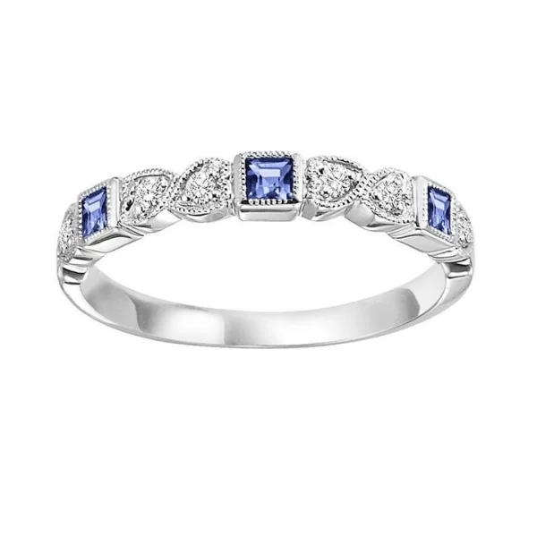 Tanzanite Gemstone Rings with Platinum Milgrain Detailing10 Karat White Gold Sapphire and Diamond Stackable Band