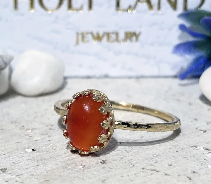 Topaz Gemstone Rings with a Faceted Cut and Shimmering EffectCarnelian Ring - Delicate Hammered Oval Crown Ring with Carnelian Gemstone