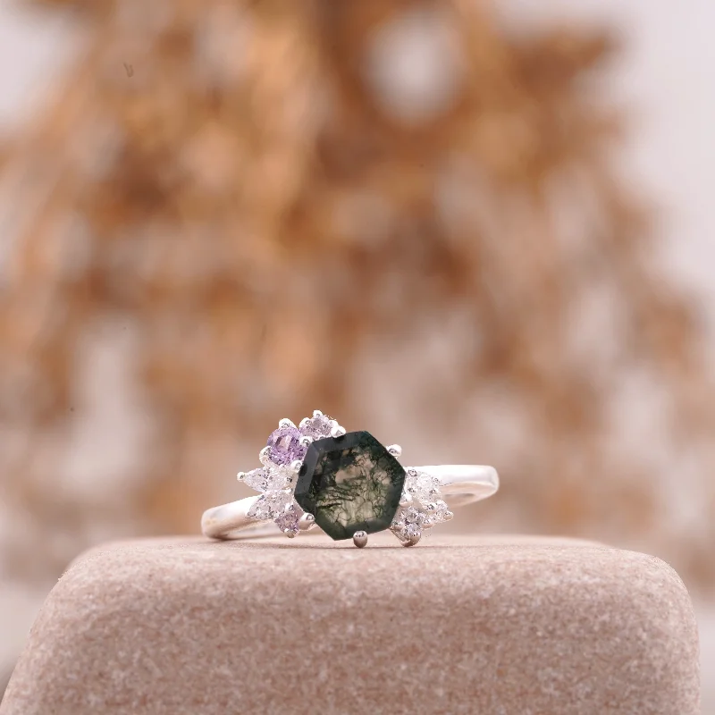 Tanzanite Gemstone Rings with Platinum Milgrain DetailingHexagon Cut Moss Agate Cluster Art Deco Ring