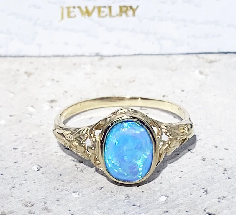 Morganite Gemstone Rings with Rose Gold AccentsBlue Opal Ring - October Birthstone - Oval Blue Opal Gemstone Lace Ring