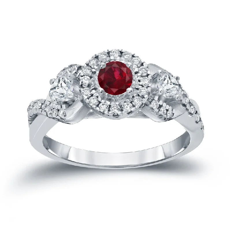 Diamond Rings with a Split - Shank Design for Added ComfortAuriya 1/5ct Red Ruby Gemstone and 1/2ctw 3-Stone Halo Diamond Engagement Ring 14k Gold