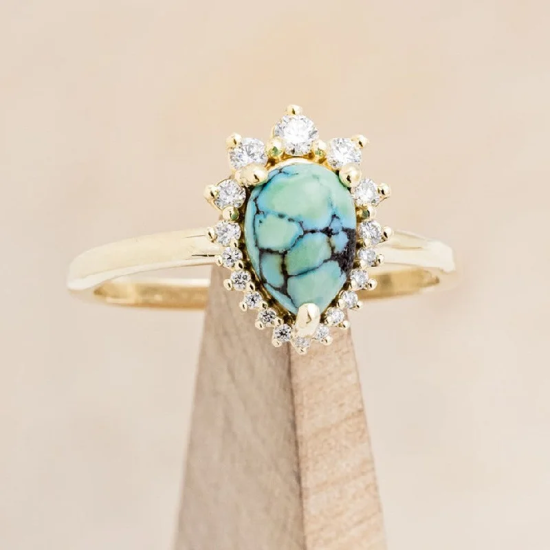 "LAVERNA" - PEAR CUT TURQUOISE ENGAGEMENT RING WITH DIAMOND HALO