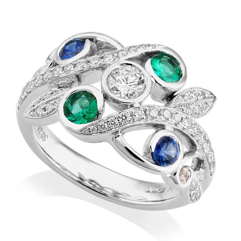 Topaz Gemstone Rings with a Faceted Cut and Shimmering Effect18ct White Gold Diamond, Sapphire & Emerald Floral Scroll Ring