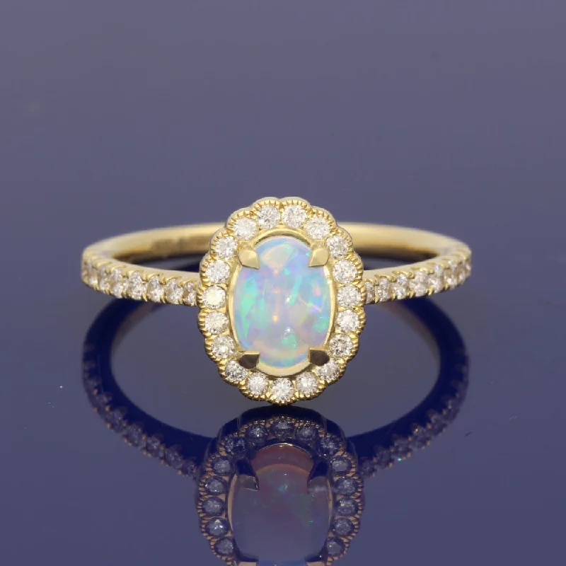 Garnet Gemstone Rings with a Vintage - Style Bezel Setting18ct Yellow Gold Oval Opal and Diamond Halo Ring