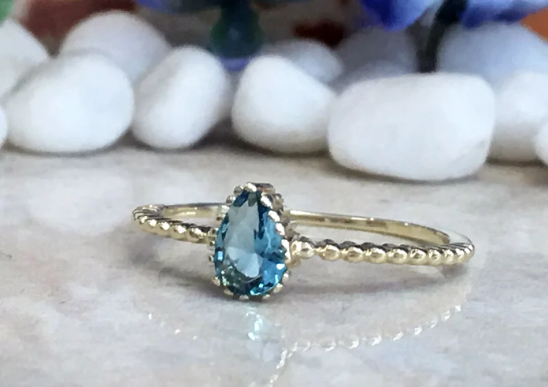 Sapphire Gemstone Rings in a Victorian - Inspired DesignBlue Topaz Ring - December Birthstone - Tiny Delicate Ring with Pear-Shaped Blue Topaz Stone