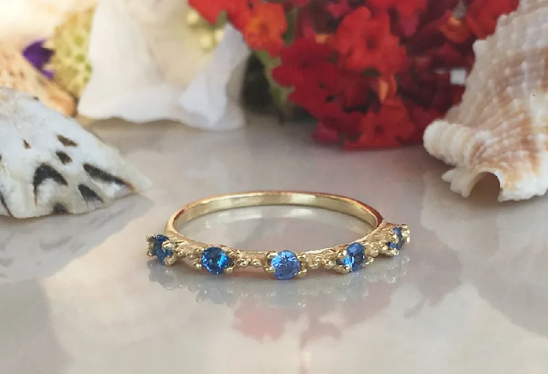 Emerald Gemstone Rings with Diamond - Encrusted HalosBlue Topaz Ring - December Birthstone - Stacking Ring with Five Round Blue Topaz Gemstones