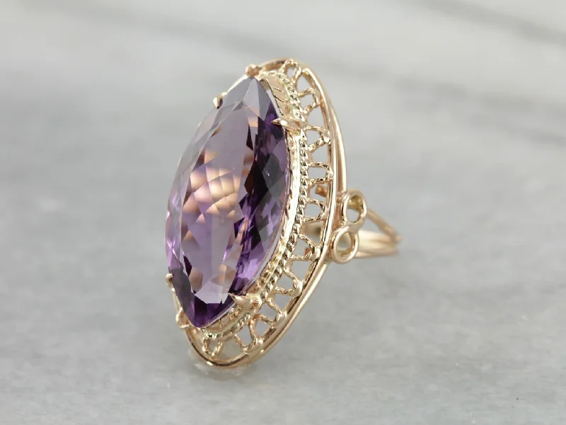 Opal Gemstone Rings with a Rainbow - Hued Play of Color1970's Large Cat's Eye Amethyst Filigree Statement Ring