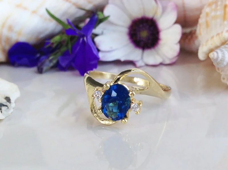 Tanzanite Gemstone Rings with Platinum Milgrain DetailingBlue Sapphire Ring - September Birthstone - Oval Blue Sapphire Ring with Clear Quartz Accents