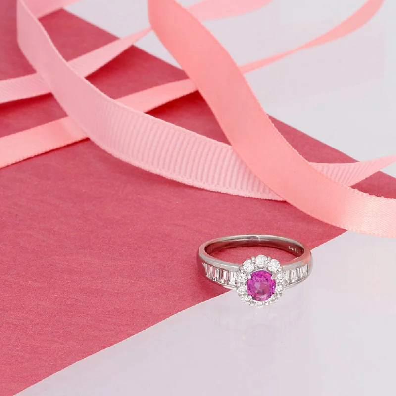 Morganite Gemstone Rings with Rose Gold AccentsPlatinum Pink Sapphire and Diamond Halo Ring with Baguette Shoulders