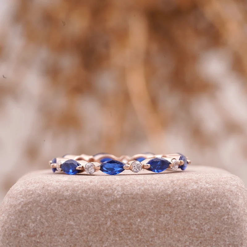 Topaz Gemstone Rings with a Faceted Cut and Shimmering EffectMarquise Cut Blue Sapphire Wedding Band Women