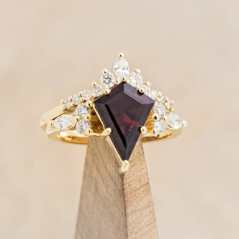 "SAGE" - KITE CUT GARNET ENGAGEMENT RING WITH DIAMOND ACCENTS & DIAMOND TRACER