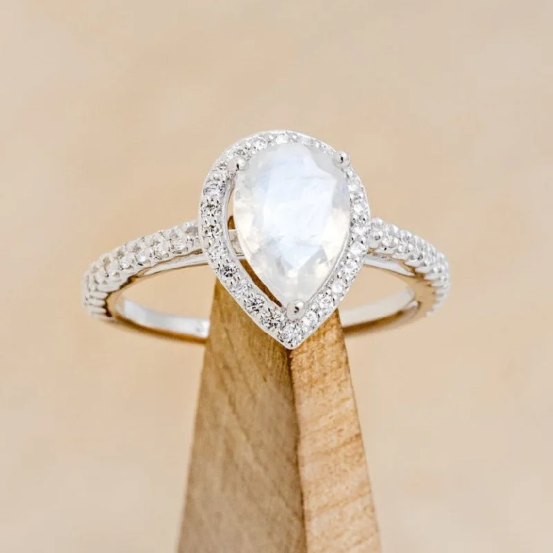 "RORY" - PEAR CUT MOONSTONE ENGAGEMENT RING WITH DIAMOND HALO & ACCENTS