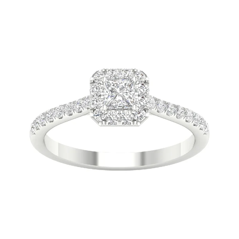 Engagement Rings with a Triple - Row Diamond Band1/2ct TDW Princess Cut Diamond Halo Ring in 10k Gold by De Couer