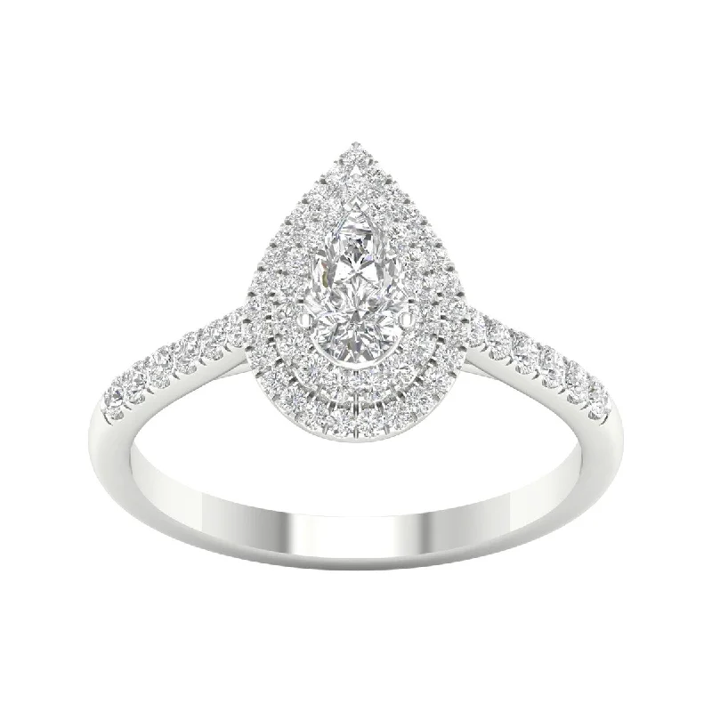 Engagement Rings with a Triple - Row Diamond Band3/4ct TDW Diamond Pear Shape Double Halo Ring in 10k Gold by De Couer