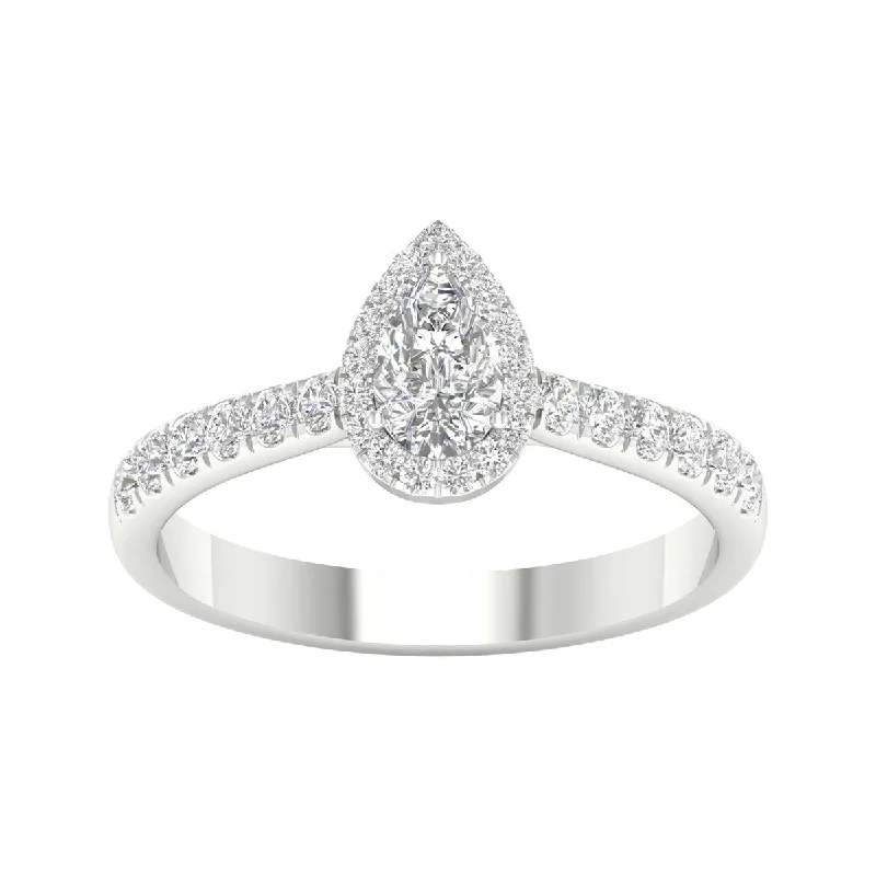 Emerald - Cut Engagement Rings with Trapezoid Side Stones3/4ct TDW Diamond Pear Shape Halo Ring in 10k Gold by De Couer