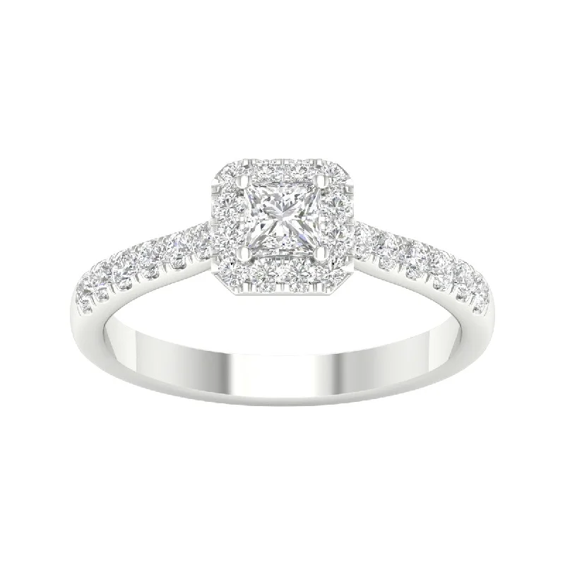 Engagement Rings with a Cathedral - Style Basket Setting3/4ct TDW Princess Cut Diamond Halo Ring in 10k Gold by De Couer