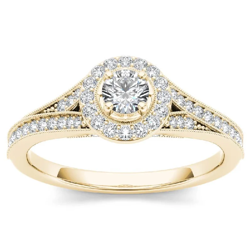 Pear - Shaped Engagement Rings with Twisted Shank DesignsDe Couer 14k Yellow Gold 5/8ct TDW Diamond Halo Engagement Ring